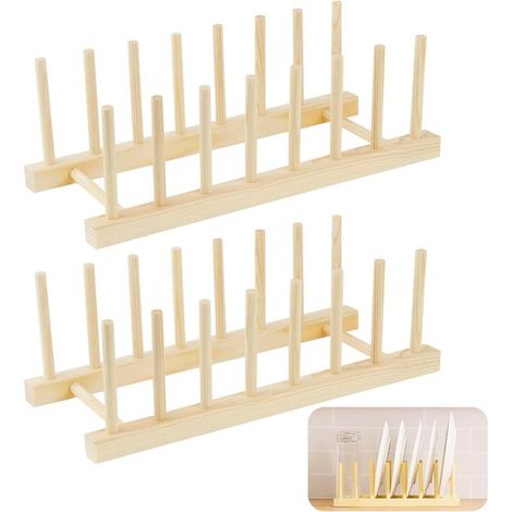 Set of 2 Wooden Plate Holder Dish Rack Dish Drainer for Kitchen Counter Books Wine Glass (1/5)
