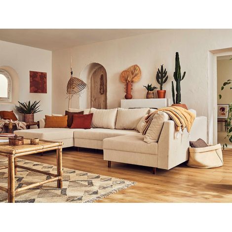 Lisa Design – Canapé panoramique d'angle droit 7 places en velours côtelé beige – Structure en bois massif FSC – Confort optimal avec mousse haute densité