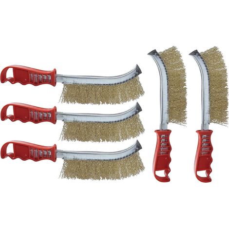 Lot de 5 Brosses métalliques avec fils ondulés - longueur 235mm - grattoir à main convexe avec poignée en plastique - nettoyage/décapage/peinture/rouille - poils d'acier jaunes (1/5)