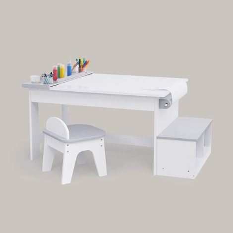 Fantasy Fields di Teamson Kids Little Monet Art Table con supporto per rotoli di carta, vassoio di vernice, ganci di stoccaggio, sgabelli e panca con ripiani, bianco/grigio