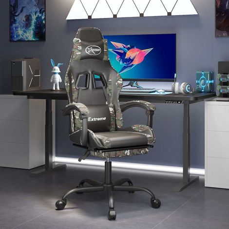 Fauteuil gamer Chaise de bureau - Fauteuil de jeu avec repose-pied Noir et camouflage Similicuir BonneVie-53005 (1/5)