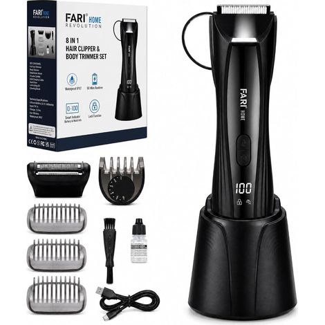 Tondeuse à cheveux pour le corps et la barbe pour homme, rasoir électrique 8 en 1 avec miroir rotatif à 360° et projecteur LED, tondeuse étanche IPX7 pour poitrine et barbe, charge rapide USB-C (1/5)