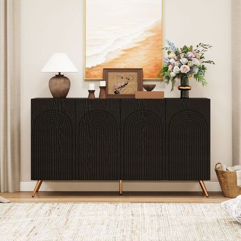 Buffet design Mid-Century coloris noir rainures 3D et portes cintrées bois reconstitué étagères réglables pieds en métal doré (1/5)