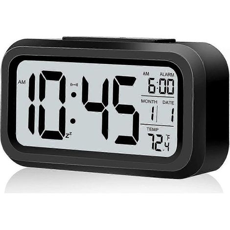Réveil numérique à piles avec veilleuse, fonction snooze, date, format 12/24 h et température intérieure (noir) (1/5)