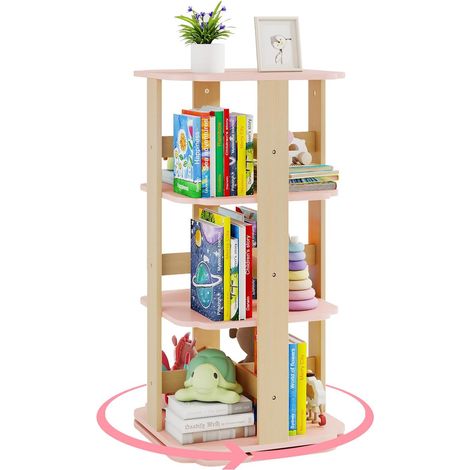GOPLUS Bibliothèque Enfant à 3 Niveaux, Étagère Enfant Pivotante à 360° avec 12 Secteurs, Organisateur de Rangement en Bois pour Chambre d'enfants, Salle de Jeux, Rose (1/5)
