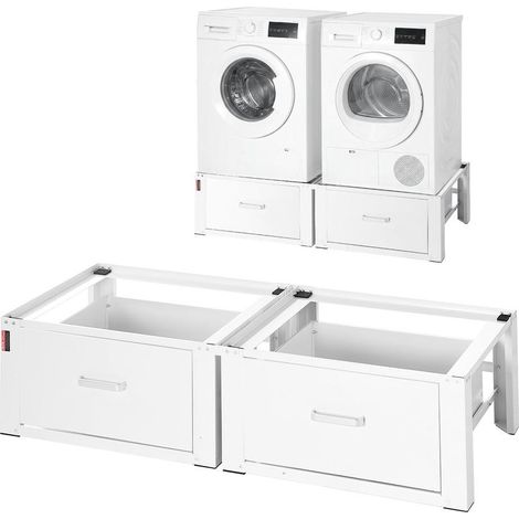 Socle Lave Linge Hauteur 31 cm Support Machine à Laver Charge 150 kg Rehausseur à Tiroir pour Sèche-linge Réfrigérateur Compact Buanderie, en Acier Robuste, Pieds Antidérapants, Blanc, Lot de 2 (1/5)