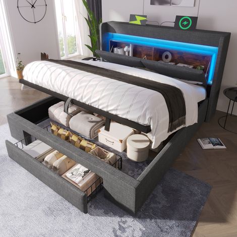 Letto contenitore adulto 140x200 cm con testiera portaoggetti, LED, USB e USB-C, cassetto e base, in lino grigio, materasso non incluso (1/5)