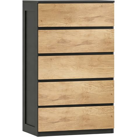 Cassettiera 5 Cassetti 60x39x100 cm con Guide in Metallo e Maniglie Scanalate in Legno Nero e Rovere (1/5)