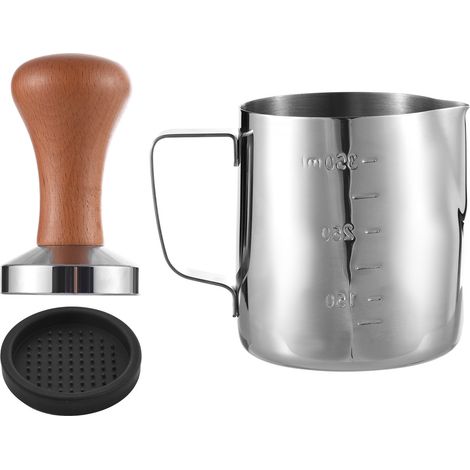 Lot de 3 accessoires café : verseuse à mousser le lait acier inoxydable 304 12oz/350ml avec graduations, pèse-café 51mm base plate manche bois et tapis silicone (1/2)