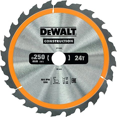 Dewalt – Lame de scie circulaire carbure 250mm – 30mm alésage – 24 dents – Pour bois dur et matériaux composites – Résistante aux clous