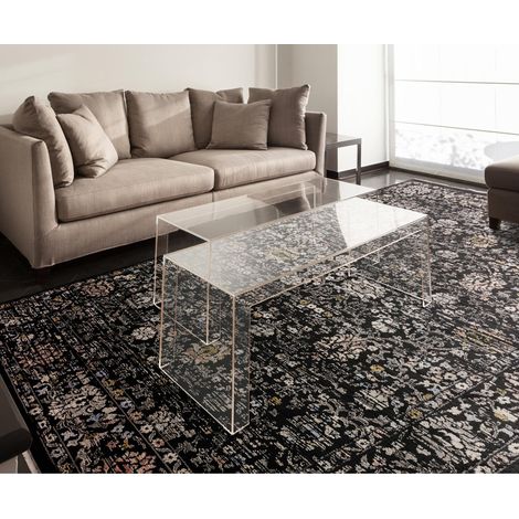 Black Floral Traditional Rug for Bedroom Living Room Flatweave Silky Shiny Sovereign Rug X-Large 200x290 cm (6'7"x9'6") (1/4)