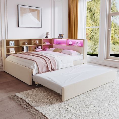 Schlafsofa 90x190/140x200cm mit LED-Beleuchtung, Ladeanschlüssen, großem Stauraum, beigefarbenem Flanellbezug (Matratze nicht im Lieferumfang enthalten) (1/5)