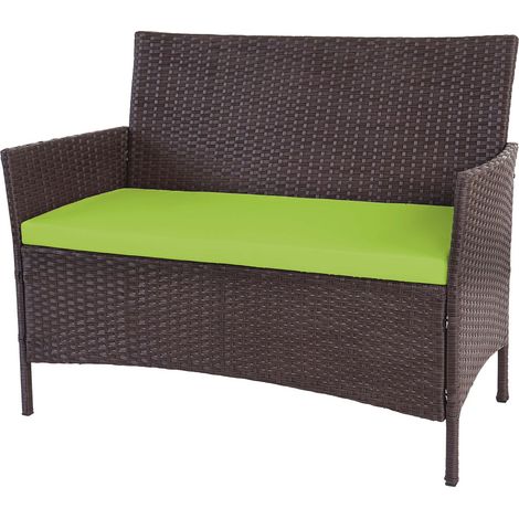 [JAMAIS UTILISÉ] Banc de jardin Halden en polyrotin, banquette, marron chiné, coussin vert