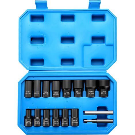 Lot de 16 Extracteur de Vis et Écrous Antivol pour Roues de Voiture – Jeu de Douilles à Extraction Hélicoïdale pour Écrous Abîmés, Striés ou Verrouillés, Compatible 8–27 mm (1/5)
