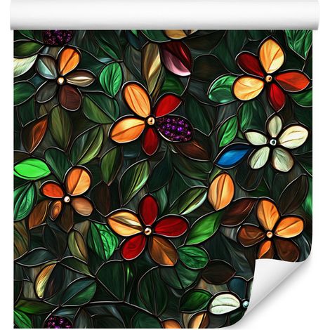 Papier peint à motifs floraux en vitrail, vert bouteille et noir, 50 x 1000 cm (1/5)