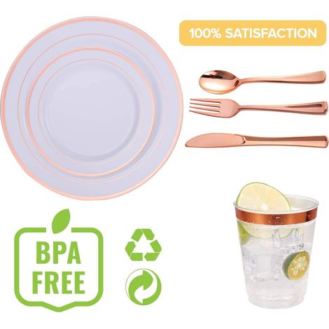 150 Pièces Vaisselle en Plastique Réutilisable en Or Rose, Assiettes Plates, Assiettes à Salade, Couteaux, Fourchettes, Cuillères, Tasses - 25 chacun pour Anniversaire Mariage Jardin Fête (1/5)