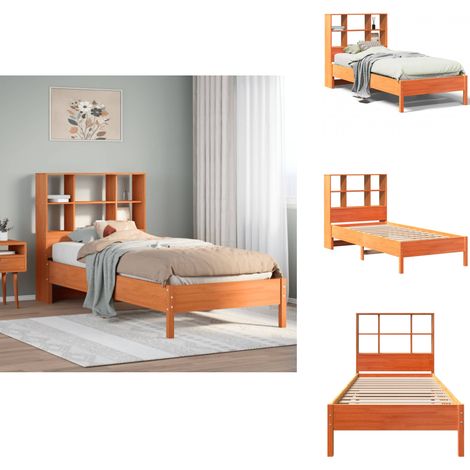 Massivholzbett mit Regal ohne Matratze Wachsbraun 100x200 cm - Bett Mit Regal - Bett Mit Bücherregal - Holzbett Mit Regal - Holzbett Mit Bücherregal (1/5)