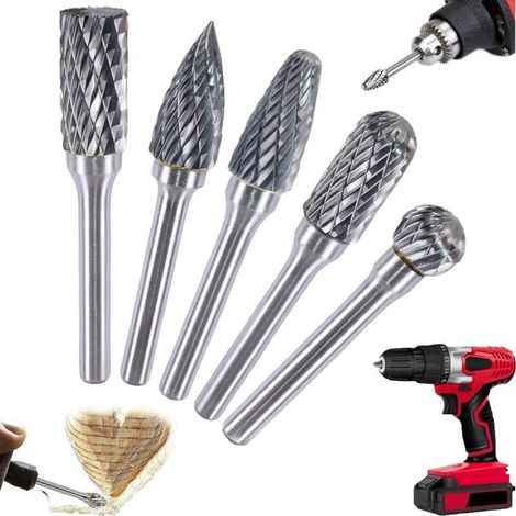 Ensemble de 5 fraises rotatives carbure de tungstène 6mm tige 10mm tête – Double coupe pour bois, métal et pierre – Usinage efficace (1/5)