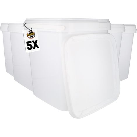5 Seau en plastique avec couvercle, PP, carré, blanc, qualité alimentaire 10,8 L