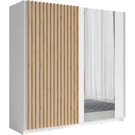 Meublorama – Armoire 2 portes coulissantes avec miroir 200 cm – blanc et chêne – Panneaux de particules de première qualité – Pour chambres modernes (1/3)