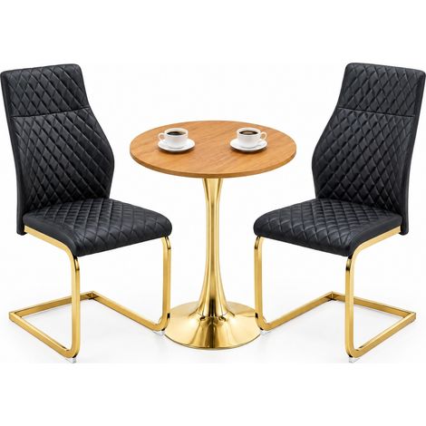 ELVMI Ensemble Table et Chaises avec 1 Table Ronde et 2 Chaises Rembourrées, MDF, Métal et Cuir PU, Noir et Doré (1/5)