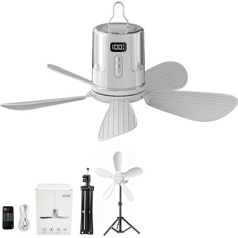 Ventilateur de camping portable avec lumières, ventilateur de plafond à DEL à suspendre avec télécommande et minuterie, ventilateur de tente rechargeable sans fil de 40 cm, 4 vitesses et (1/5)