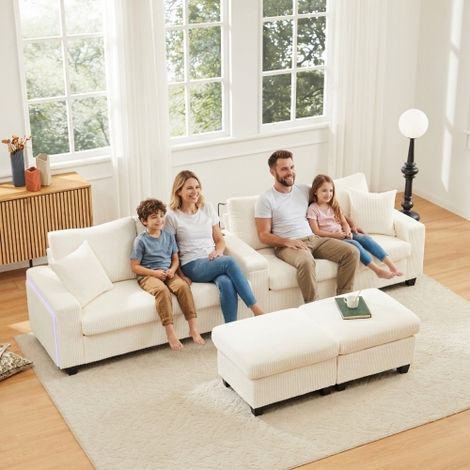 U-förmiges Cord-Sofa mit 2 Hockern, Leselampe, Klappablage, Getränkehalter & USB/Type-C, Beidseitige Armlehnen mit dekorativer LED-Beleuchtung, Beige, Maße: 334x128.5x81 cm[9906]