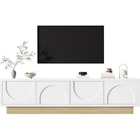 Meuble TV blanc moderne avec finition imitation bois – 175 cm – Design minimaliste et incurvé – Grand espace de rangement et gestion des câbles (1/5)