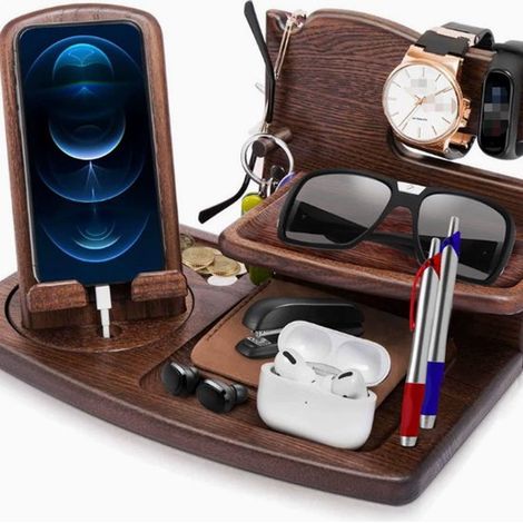 Estante multifuncional de madera de pino para almacenamiento: ideal para escritorio，mesita de noche y pasillo. Regalo perfecto para hombres (1/4)