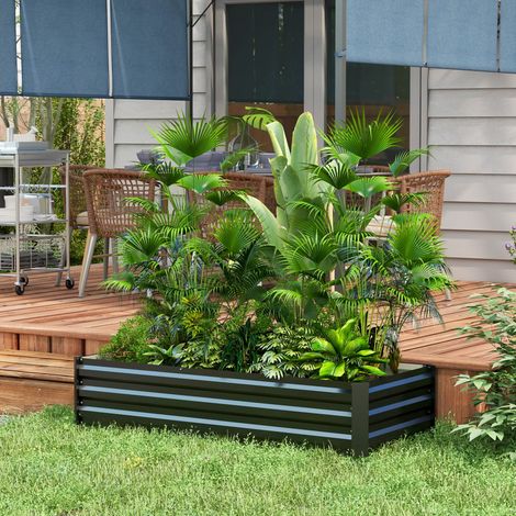 Bac à plantes noir rectangulaire en acier, jardinière potagère avec rebord de protection et fond ajouré pour extérieur