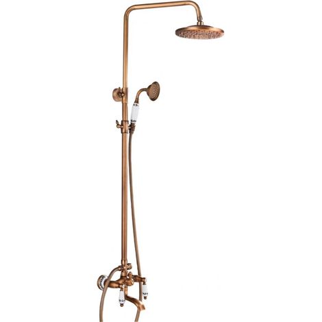 Colonne de douche hydromassante rétro or ancien – Hauteur 15 cm – Flexible 150 cm – Laiton – Manettes céramique – Valaz (1/5)