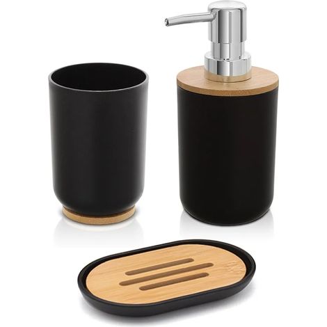 Accessori bagno da appoggio in set 3 pezzi in abs nero e bambù Surf (1/5)