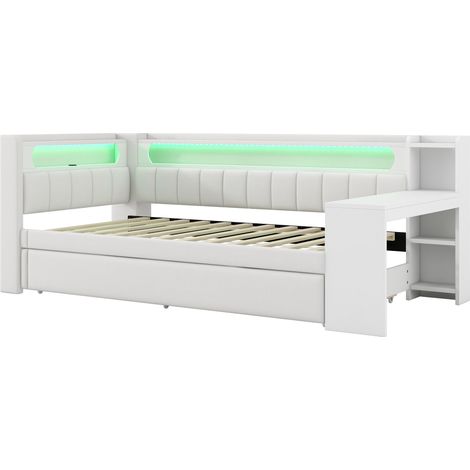 Cama de día capitoné 90 x 200 blanca con LED, USB, cama nido y escritorio integrado (1/5)