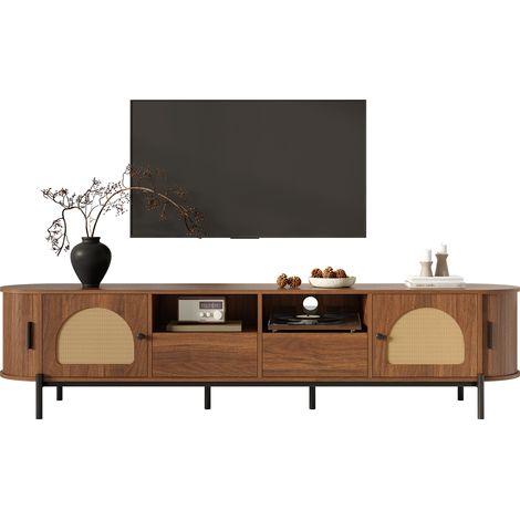 Meuble TV ovale en rotin, portes coulissantes, tiroirs, aspect bois, pieds en métal, meuble de salon multifonctionnel avec espace de rangement (1/5)