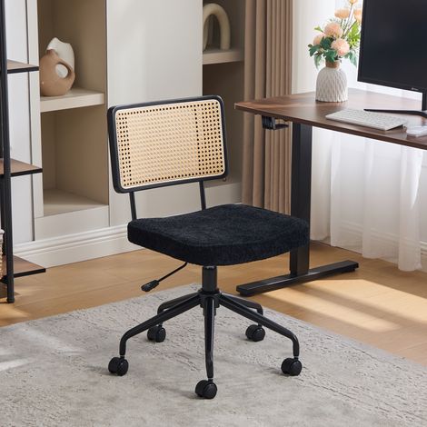 Chaise de bureau vintage en rotin avec roulettes - Fauteuil pivotant réglable avec siège en tissu chenille et cadre en bois pour bureau à domicile, étude, salon - Noir (1/5)