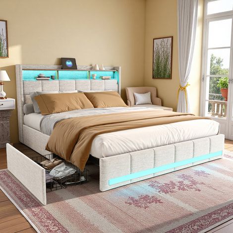 Structure de Lit Adulte 140x200cm avec Tiroirs - LED - Lin Béige & USB/Type-C - Lit Ado Confortable (1/5)