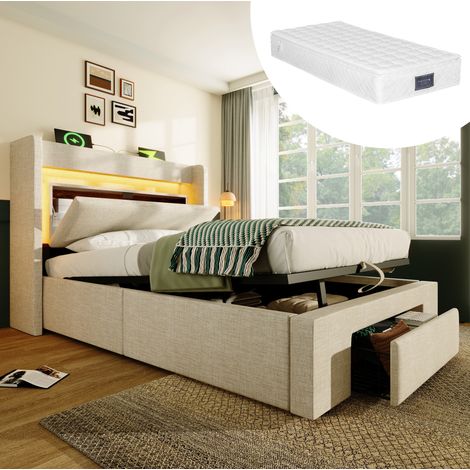 FLORAGRACE Lit coffre 90x200 cm en lin beige avec matelas, LED, USB/USB-C (1/5)