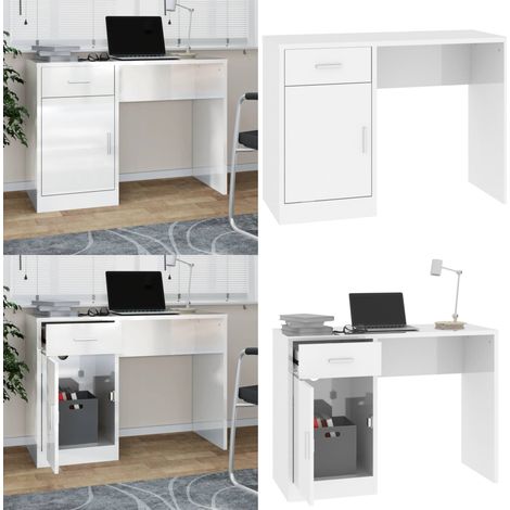 Bureau avec tiroir et armoire Blanc brillant 100x40x73 cm - Armoire - Rangement (1/5)