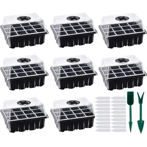 8 Pièces Mini Serre pour Semis, 12cellules Serre Interieur Plateaux de Culture Semis Bacs à Semis Kit de Germination Interieur avec Couvercle pour Plantes Tomate, Noir (1/5)