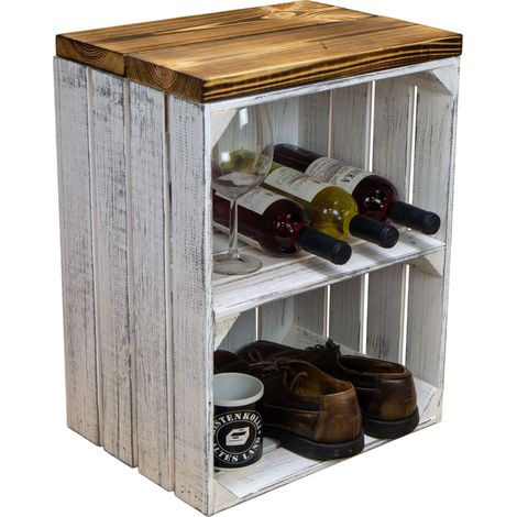 Sitzkiste Anna shabby weiss Quer mit geflammten Planken Hocker Schuhregal Holzkiste Weinkiste (1/5)