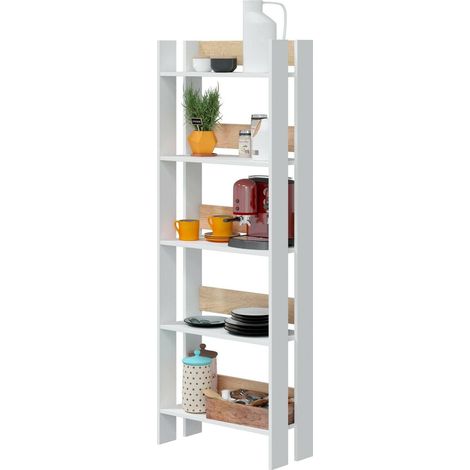 Dmora - Libreria Warwick, Scaffale da ufficio a 5 ripiani, Mobile portalibri, Biblioteca, 57x27h170 cm, Bianco lucido e Rovere, con imballo rinforzato