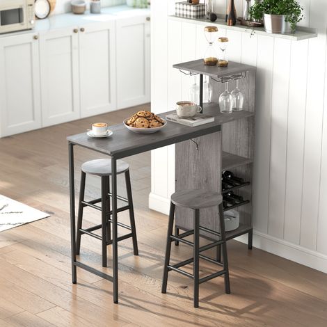 Bartisch-Set mit Hockern, Stehtisch mit 2 Barhockern, Regalen, Weinregalen, Naturholz