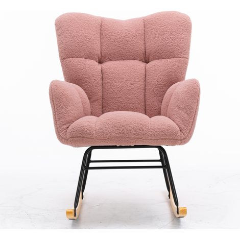 Fauteuil à bascule moderne en tissu teddy rose avec dossier capitonné et structure en bois et métal (1/5)
