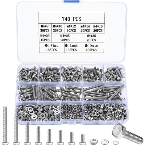 740 Pcs Vis et écrous Set, M4 Vis Boulon et écrous et Rondelles Kit, Boulons Vis à Tête Hexagonale, Assortiment Vis Boulons Hexagonaux en Acier Inoxydable pour Réparation de Vélo Moto Mécaniques (1/5)