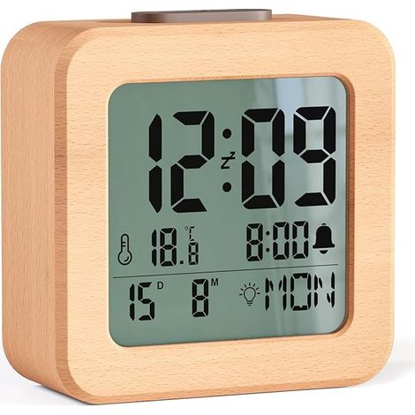 Sveglia digitale in legno, a batteria, con display LCD, regolazione automatica della luminosità, funzione snooze, indicazione della temperatura, data, giorno della settimana, formato 12/24 ore (3 batt (1/5)
