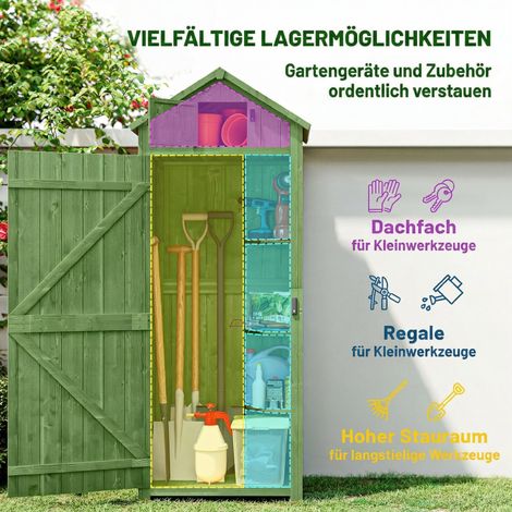 Abri de jardin en bois massif avec 3 tablettes réglables, porte sécurisée à clé, toiture inclinée en bitume et aération intégrée