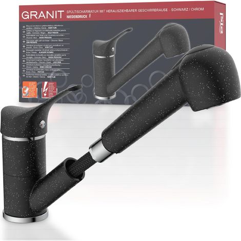 Robinet d'évier basse pression avec douchette, pivotant à 360°, noir, idéal pour double évier, robinet de cuisine, mitigeur monocommande basse pression (1/5)