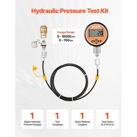 Kit de Test de Pression Hydraulique, 1 Manomètre Numérique 0-10000 PSI 0-700 Bar avec 1 Raccord de Test, 1 Raccord Rapide et 1 Tuyau, pour Excavatrices Machines de Construction Chantier (1/5)