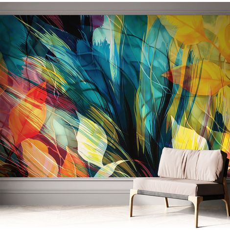 Papier peint autocollant avec imprimé pour intérieur moderne application facile a motif Feuilles abstraites 312x219 cm (1/5)
