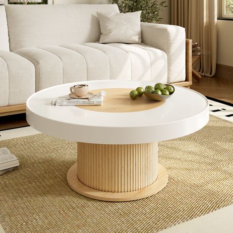 Table basse ronde 75x75x39cm,plateau bicolore blanc et bois, pied cylindrique rainuré,MDF et PVC,Naturel et Blanc (1/5)